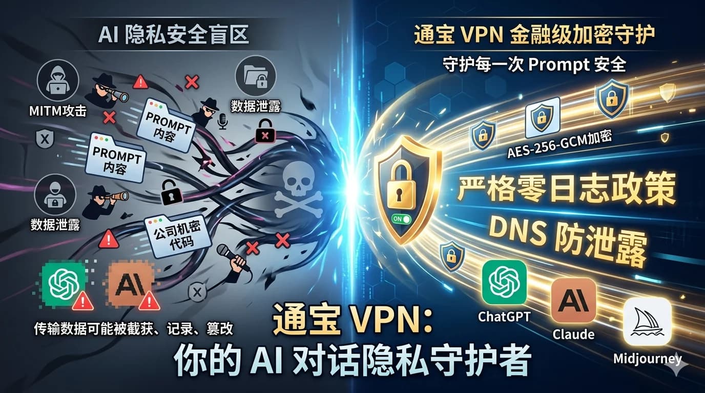 你的 AI 对话谁在偷听?通宝 VPN 金融级加密守护每一次 Prompt - 通宝VPN